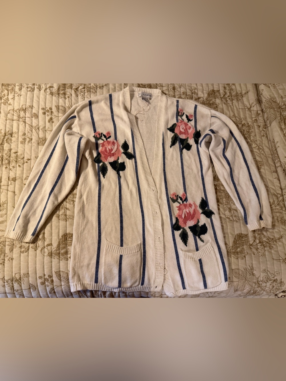 Vintage Cream Floral Stripe Cardigan Sweater - Women's